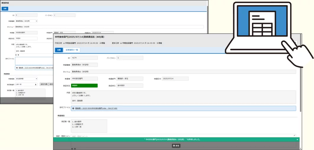 ワークフロー画面の表示イメージと、PCを指さしているイラスト